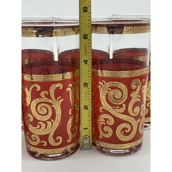 Culver ltd MCM Red 22K Gold Swirl Set of 6 Leaf Scroll Baroque High Ball Glasses - Picture 13 of 16